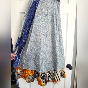 Silk Sari Wrap Skirt, Regular ankle, blue, yellow and white